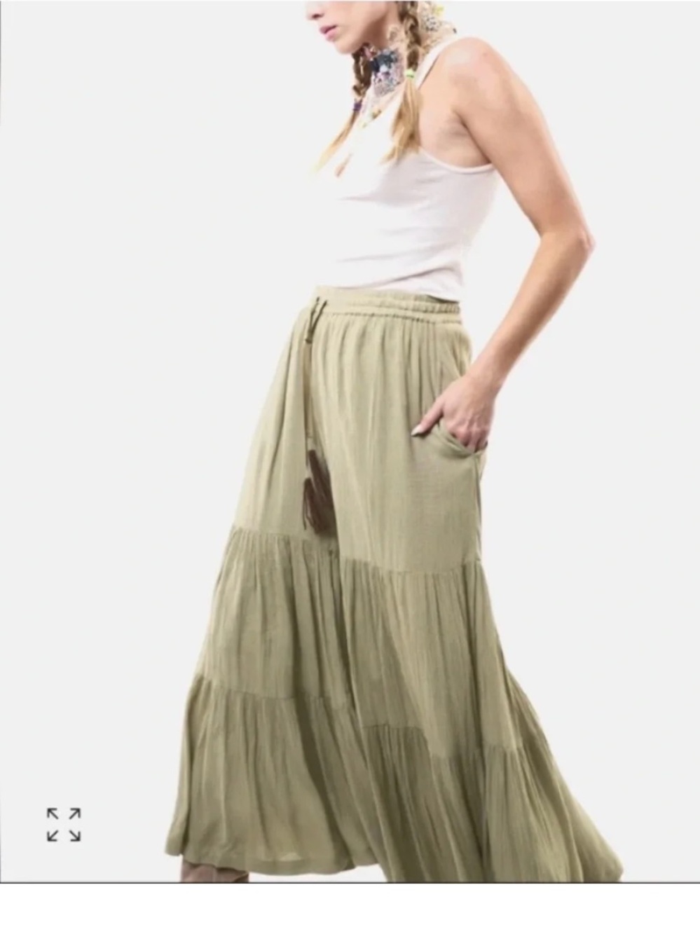 ARATTA Boho Tiered Maxi Pant in Olive Green Xsmall NWT